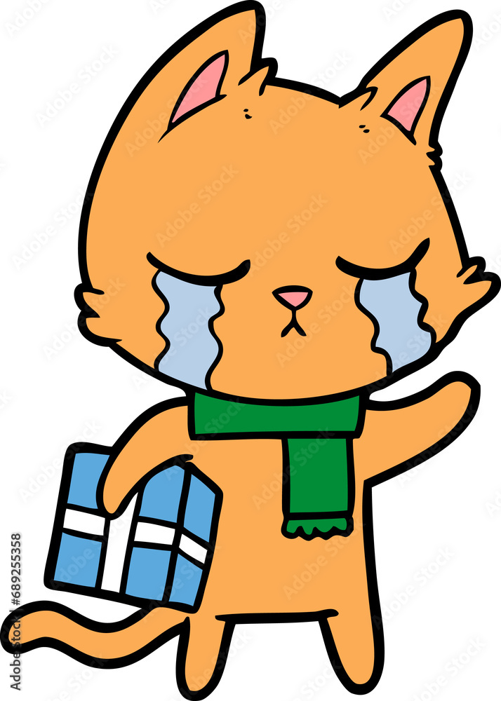 crying cartoon cat holding christmas present