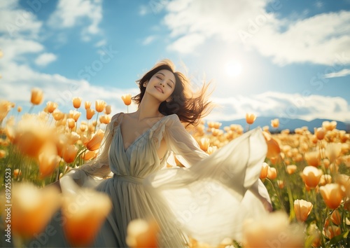 Image of a Young Woman Dancing Gracefully in a Lush Tulip Field. This enchanting photograph showcases a vibrant and youthful lady, embodying freedom