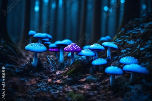 Blue neon mushrooms glowing in a dark forest - bioluminescent mushrooms. Beauty of nature. 