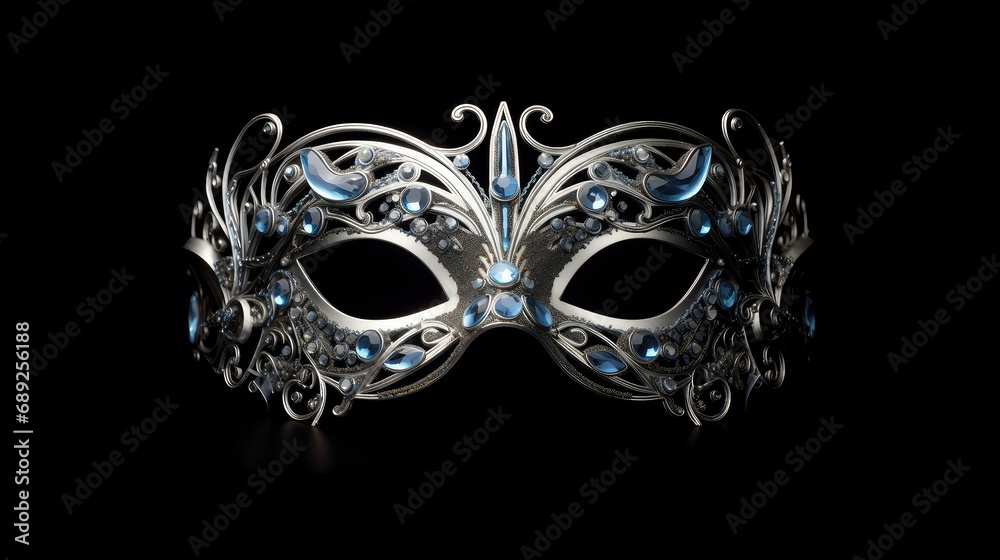 Blue and silver carnival mask with patterns on a black background Blue and silver carnival mask with patterns on a black background