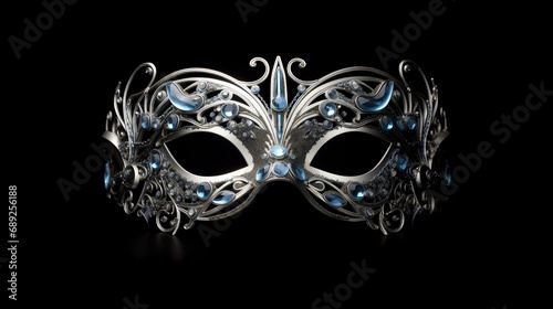 Blue and silver carnival mask with patterns on a black background © Katya
