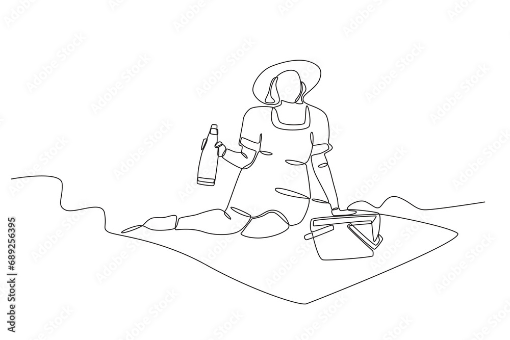 A woman loves a picnic. Spring one-line drawing