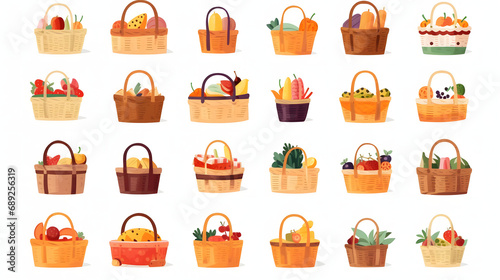 set of picnic basket full of delecious meals on a white background. photo