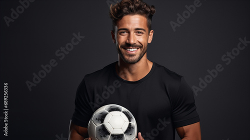Portrait of a soccer player, handsome young man with ball, Sports man, soccer field training with a soccer ball, happy and relax before fitness workout. Copy space © Anastasiia