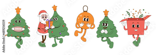 Set of Christmas groove stickers. Cute retro characters.