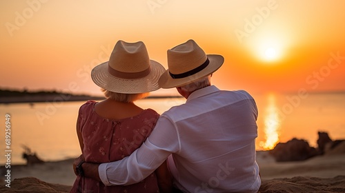 back view of old couple sitting and wearing hat on the beach looking at the sunset 