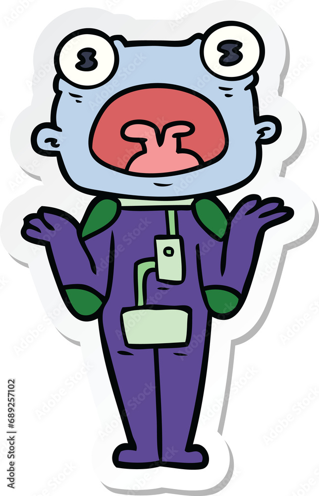 sticker of a cartoon weird alien shrugging shoulders