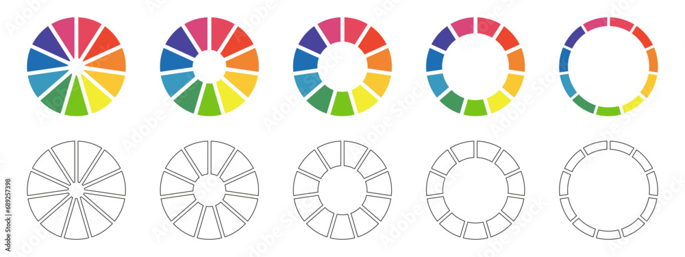 Set of donut charts, pies segmented on 11 equal parts. Diagrams infographic multicolored collection. Wheels divided in eleven sections. Circle section graph. Pie chart round icon. Loading bar. Vector. - obrazy, fototapety, plakaty 