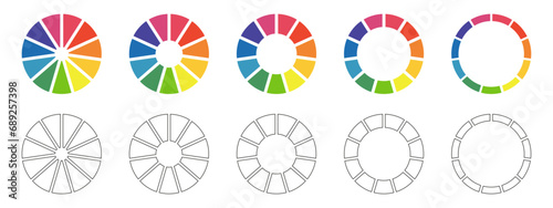 Set of donut charts, pies segmented on 11 equal parts. Diagrams infographic multicolored collection. Wheels divided in eleven sections. Circle section graph. Pie chart round icon. Loading bar. Vector. photo