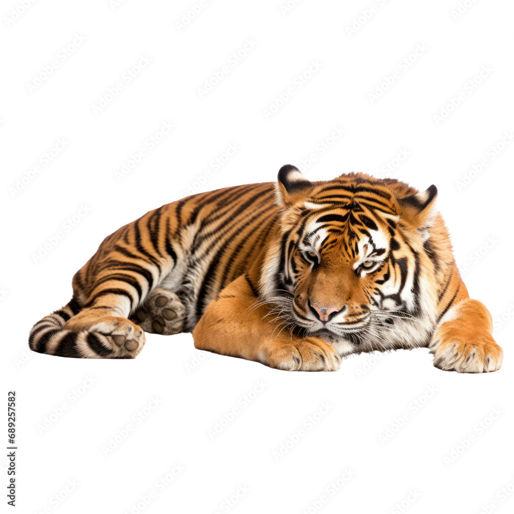 a tiger sleeping isolated on white background or transparent background