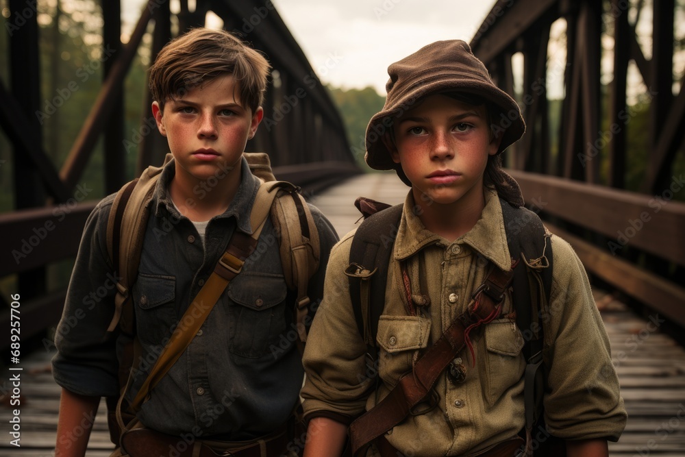 Two boys standing on a wooden bridge with backpacks and looking away. International Boy Scout Day Concept