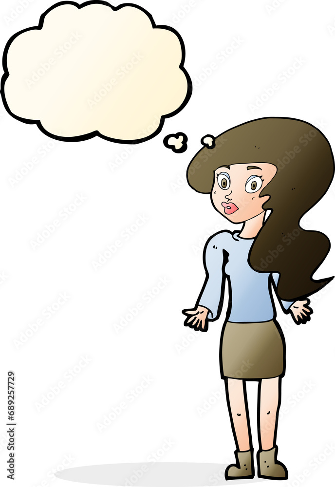 cartoon woman shrugging shoulders with thought bubble cartoon woman shrugging shoulders with thought bubble