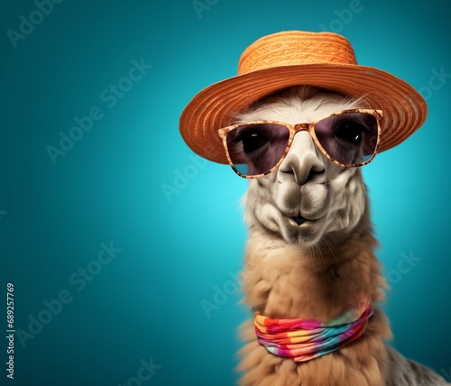 Portrait of funny llama ready for summer vacations wearing straw hat and sunglasses with surprised expression © paffy