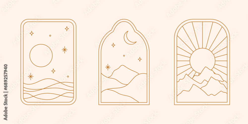 Vector set of linear boho frames with mountains, landscapes, deserts or sea. Travel emblems, symbols in trendy minimal bohemian and oriental style for social media, invitations, branding, stories - obrazy, fototapety, plakaty 
