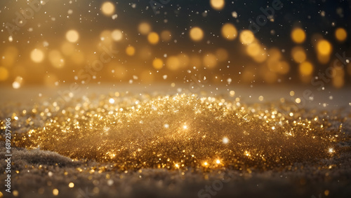 Glistening Gold Glitter with Luminous Snowflakes in Winter Wonderland Abstract Background.