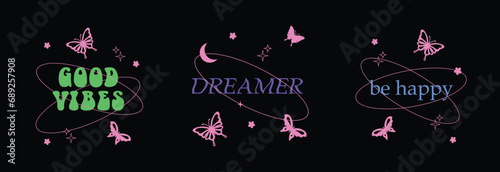 Vector set of illustrations with trendy linear icons with butterflies, stars, quotes. Modern postcards for fashion advertising, social media with motivational quotes in y2k style