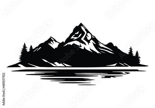 Vector Illustration of rocky mountains silhouette background. Black and white sketch  icon or logo landscape