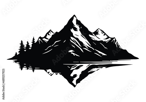Vector Illustration of rocky mountains silhouette background. Black and white sketch, icon or logo landscape