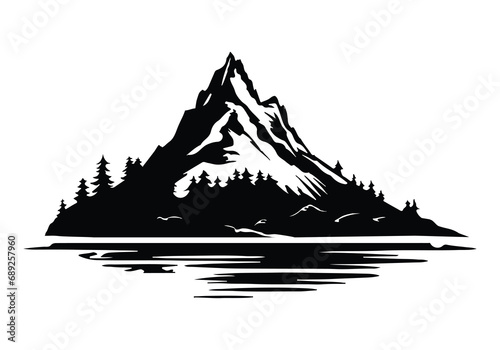 Vector Illustration of rocky mountains silhouette background. Black and white sketch, icon or logo landscape