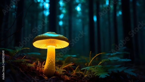 Golden neon mushroom glowing in a dark forest - bioluminescent mushrooms. Bioluminescence. Beauty of nature. Magical mushrooms