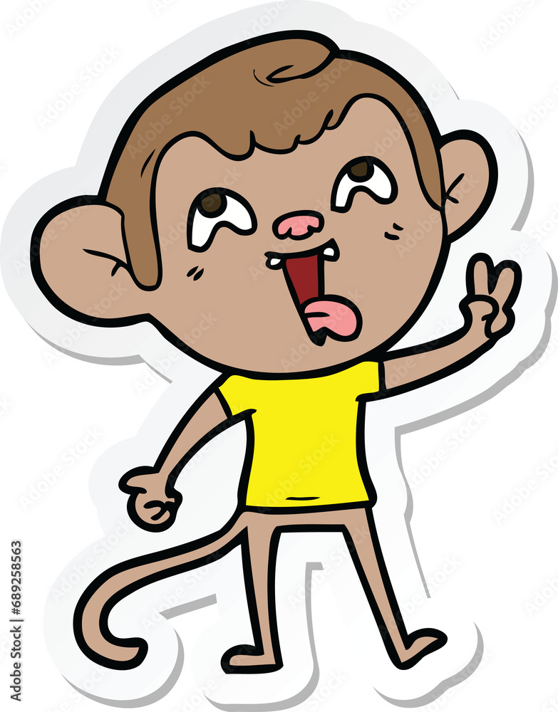 sticker of a crazy cartoon monkey giving peace sign sticker of a crazy cartoon monkey giving peace sign