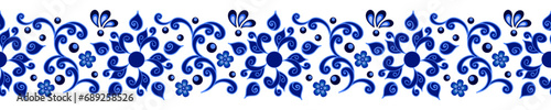 Blue on white floral border in traditional asian style, decorative element, seamless pattern, vintage oriental design background. Vector illustration