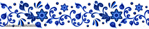 Blue on white floral border in traditional asian style, decorative element, seamless pattern, vintage design background. Vector illustration, Chima style