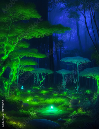 Generate a serene meditation retreat in a lush, bioluminescent forest." © Mehreen