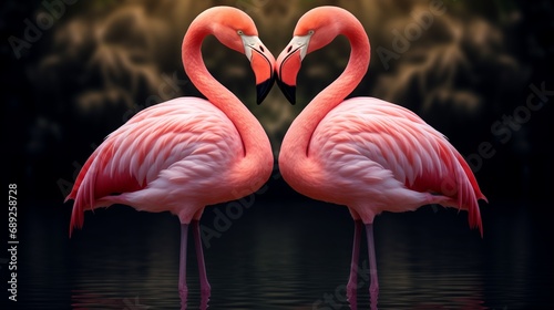 Couple of flamingos forming heart shape necks