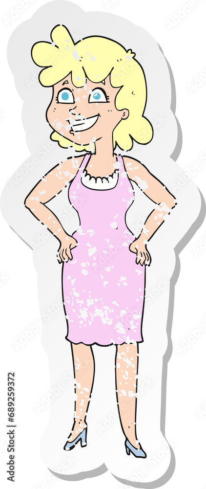 retro distressed sticker of a cartoon happy woman wearing dress retro distressed sticker of a cartoon happy woman wearing dress
