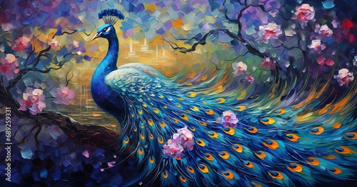 painting style illustration, beautiful peacock in cherry blossom flower garden, Generative Ai photo