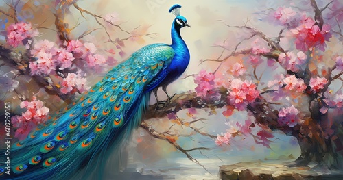 painting style illustration, beautiful peacock in cherry blossom flower garden, Generative Ai photo