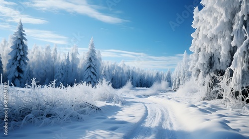 White frosty trees and clear blue sky in winter paradise