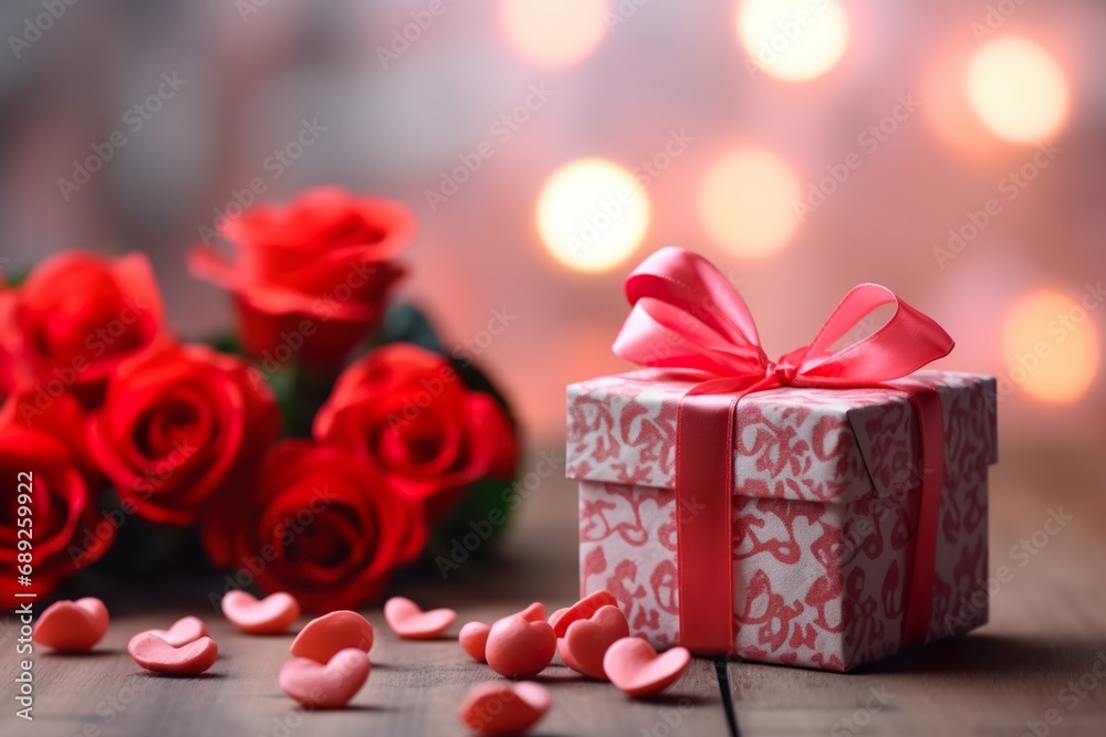 composition of gift boxes and roses on wooden table 
