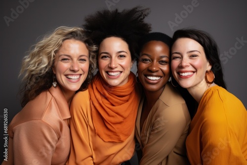 Group photo of diverse female friends laughing together in a studio setting