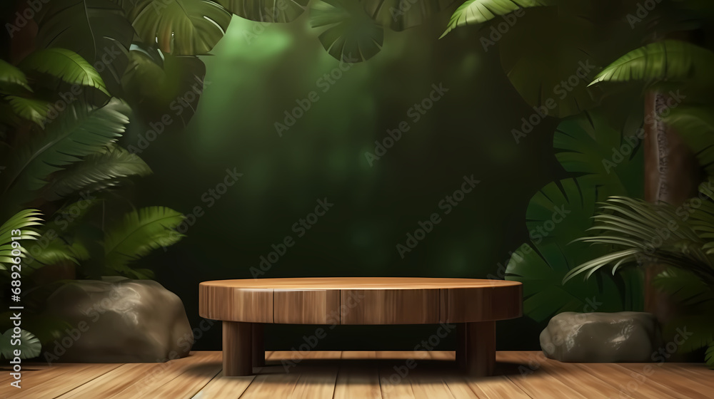 Cosmetics product advertising stand exhibition wooden podium on green background with leaves and sha