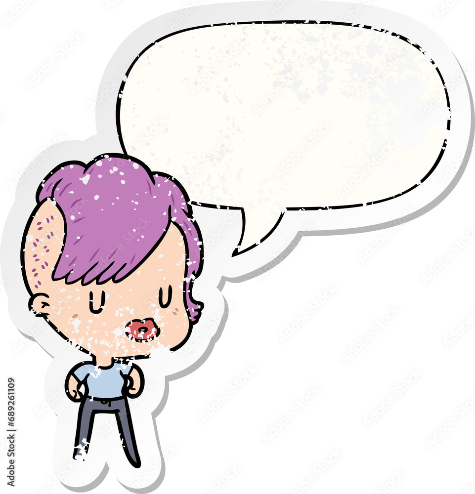 cartoon girl with punk hipster haircut with speech bubble distressed distressed old sticker cartoon girl with punk hipster haircut with speech bubble distressed distressed old sticker