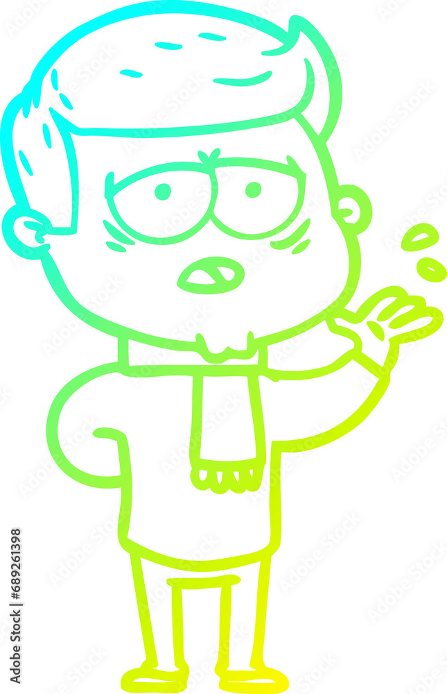 cold gradient line drawing of a cartoon tired man