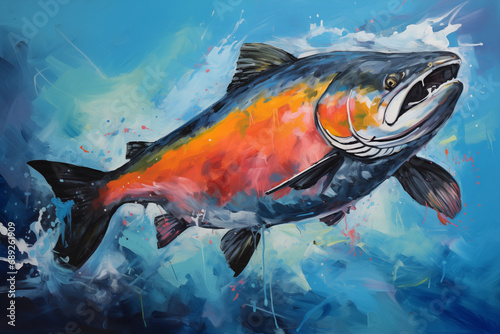 Colorful painting of Chinook salmon fish swimming in the strong current of blue, fresh, river water