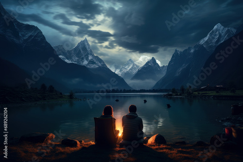 Couple camping, contemplating the sunset on the lake. Generative AI.