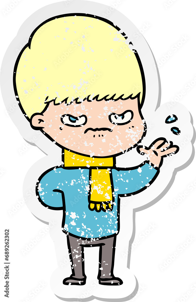 distressed sticker of a annoyed cartoon boy distressed sticker of a annoyed cartoon boy