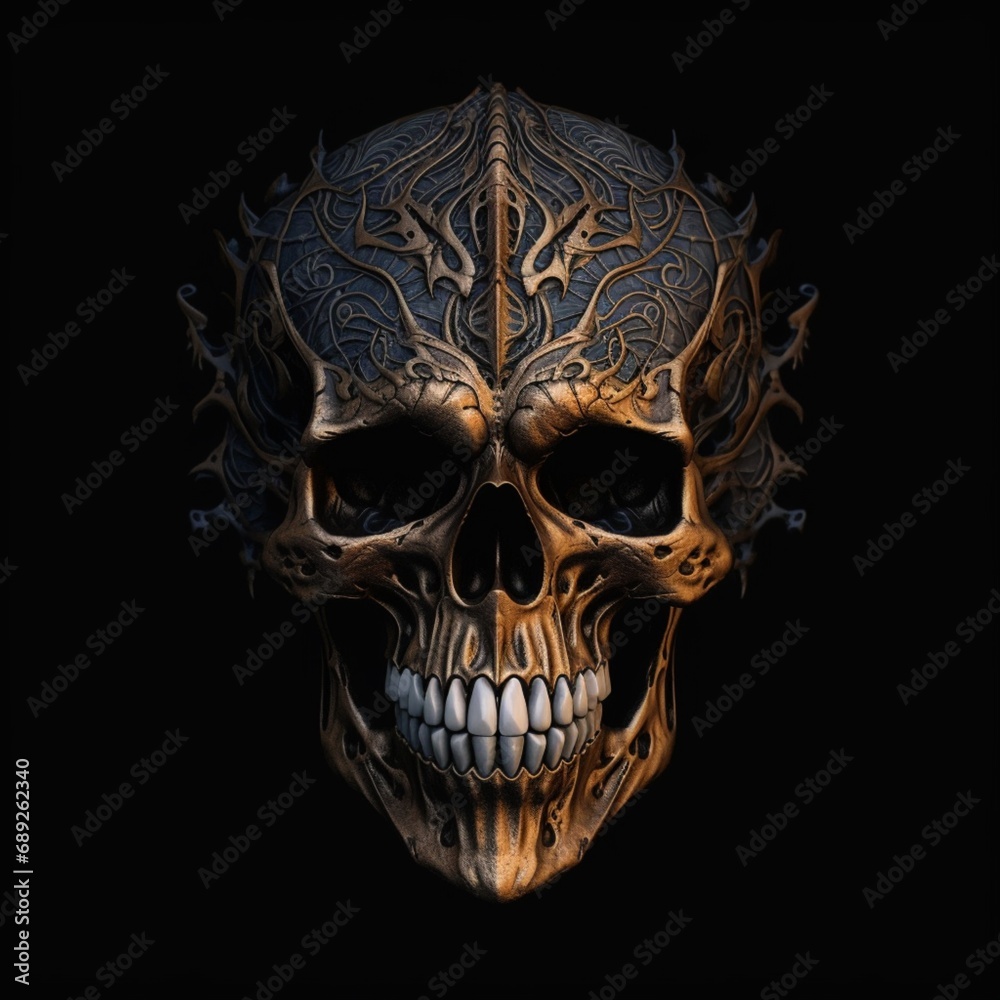 Human head skull tattoo picture black background AI Generated art