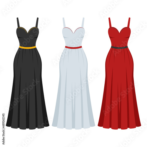 Evening cocktail black, white and red dress set. Collection woman clothing. Silhouette apparel. Long maxi, full and floor length different shapes dress icon. Vector illustration