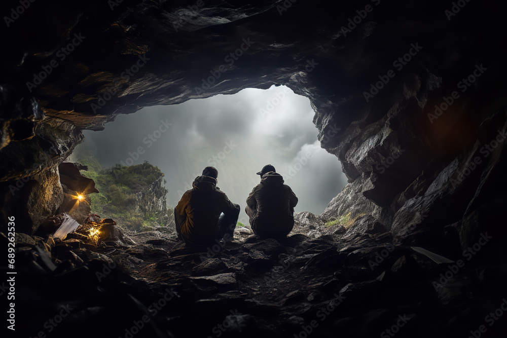 Hikers find safety in a cave during a mountain storm - balancing adventure with the need for shelter against the wild weather. - obrazy, fototapety, plakaty 