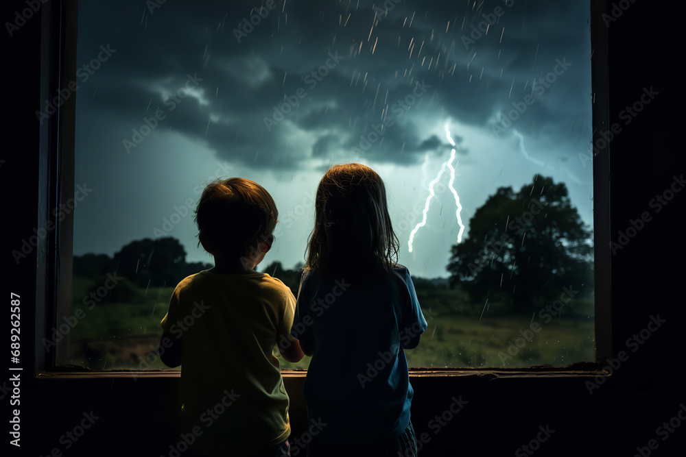 Children watch a thunderstorm with wonder and excitement from the safety of a window - experiencing a natural spectacle and learning about weather.