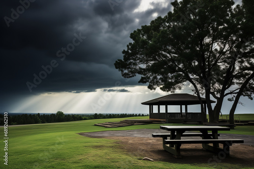 Dark clouds loom over a deserted picnic area - signaling disrupted plans and impending rain - marking a dramatic shift in outdoor weather.
