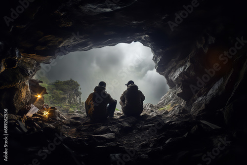 Hikers find safety in a cave during a mountain storm - balancing adventure with the need for shelter against the wild weather.