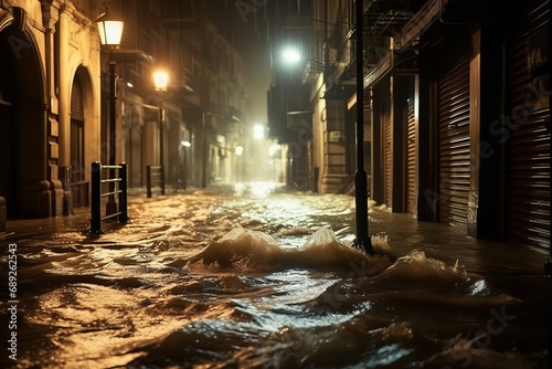 An urban street experiences a flash flood from a sudden deluge - with water surging - depicting an emergency situation in extreme weather.