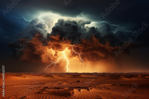 A desert thunderstorm - where lightning strikes meet swirling sand - showcasing the fierce clash of elements in a dramatic desert storm.