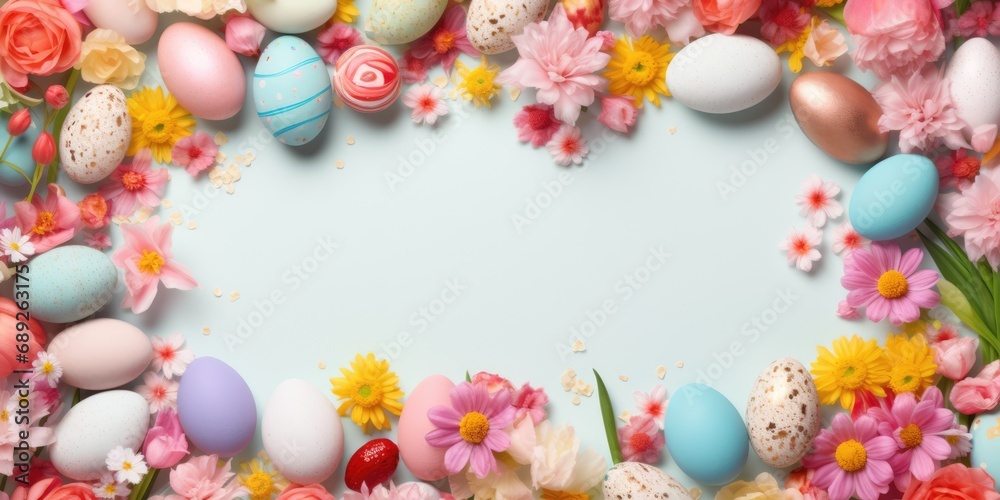 colored easter eggs decoration frame on bright background copy space